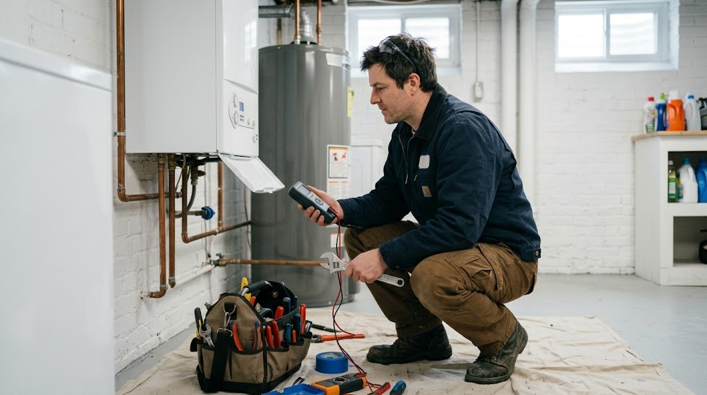 Plumber testing gas burners and pressure controls on a commercial cast-iron heating boiler in Bellerose, Queens