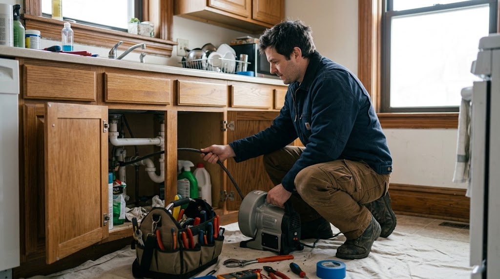 Plumbing technician operating an industrial electric drain snake machine to clear a clogged line in a Queens basement