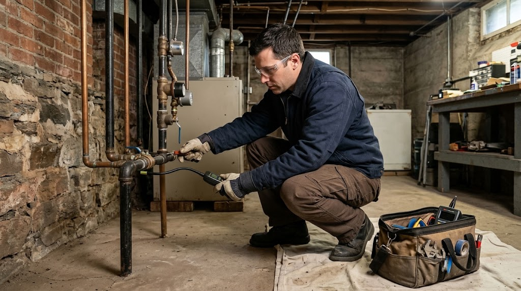 Plumbing technician utilizing an electronic combustible gas detector to inspect gas piping joints in a Bellerose Queens home