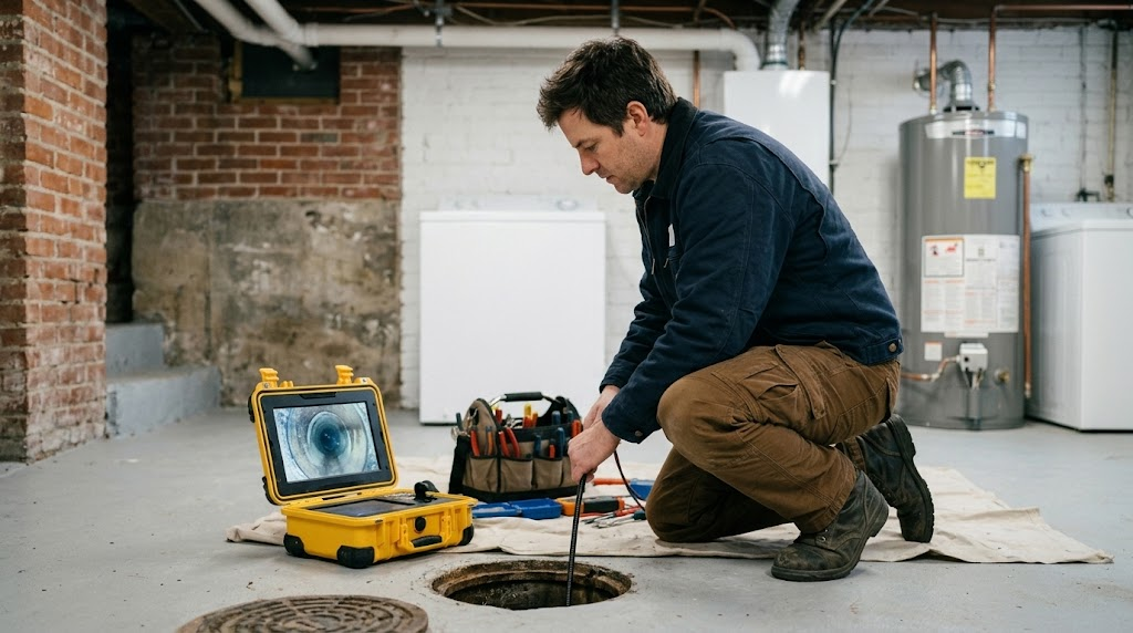 Plumbing technician conducting a video camera sewer line inspection in a Queens residential basement