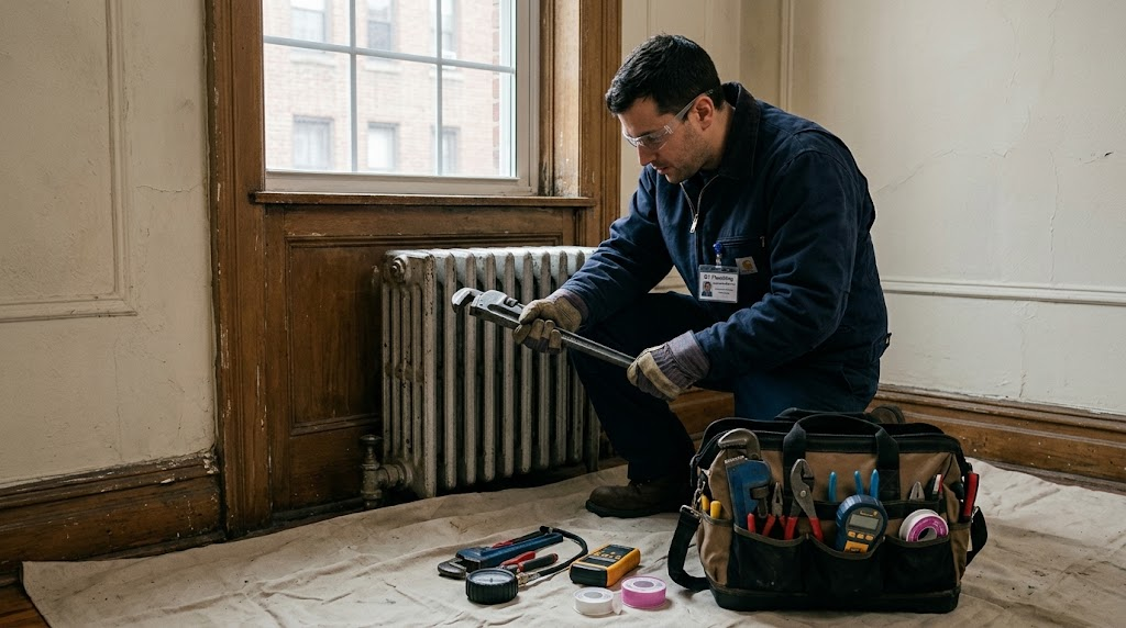 Plumbing technician tuning an adjustable brass steam radiator air vent valve on a cast-iron radiator in a Bellerose home