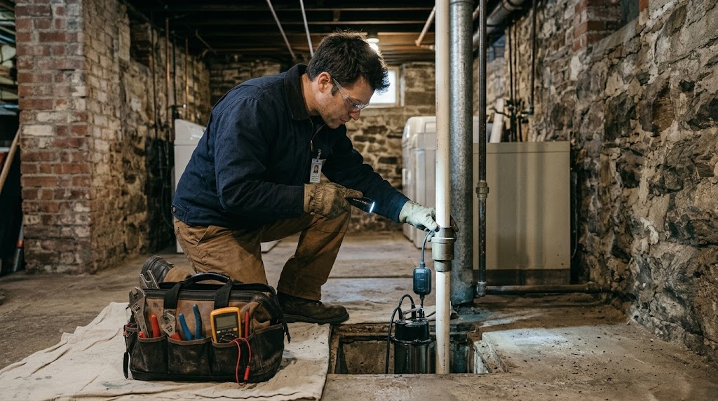 Submersible sump pump installation and dual battery backup system in a Queens basement mechanical room