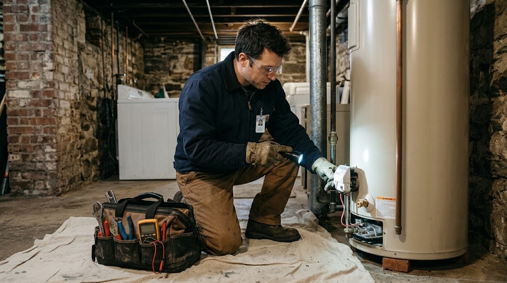 Plumbing technician testing burner and pressure valves on a residential gas water heater in a Bellerose Queens basement